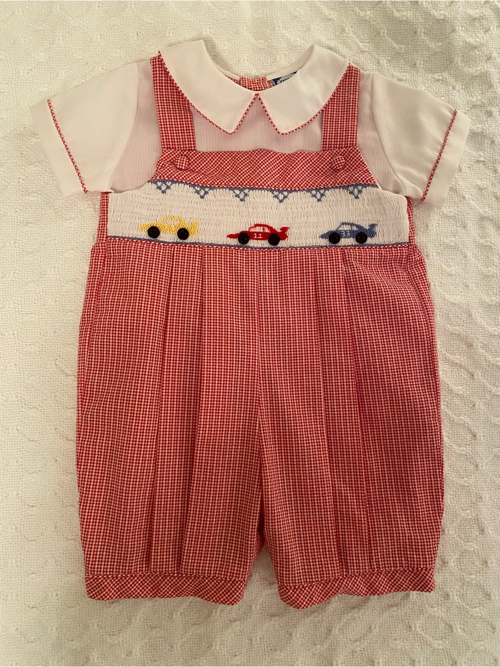 Red Gingham Smocked Baby Boy Romper with Cars